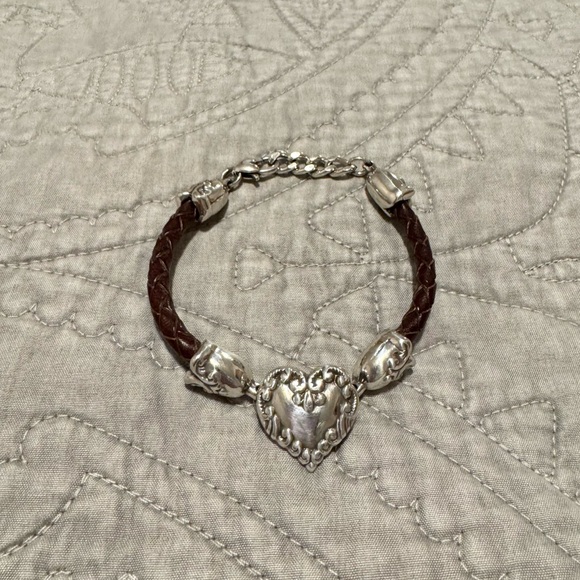 Brighton Jewelry - Vintage Brighton Silver Heart Bracelet with Brown Woven Leather